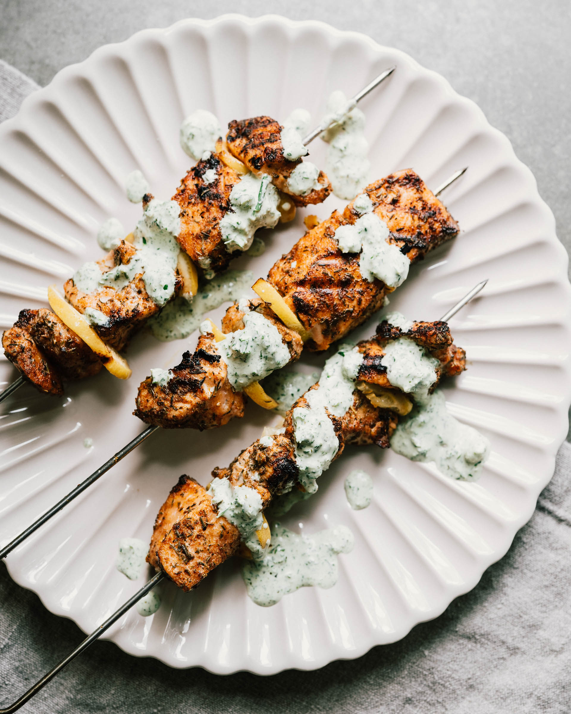 Blackened Salmon Skewers w/ Green Goddess Dressing