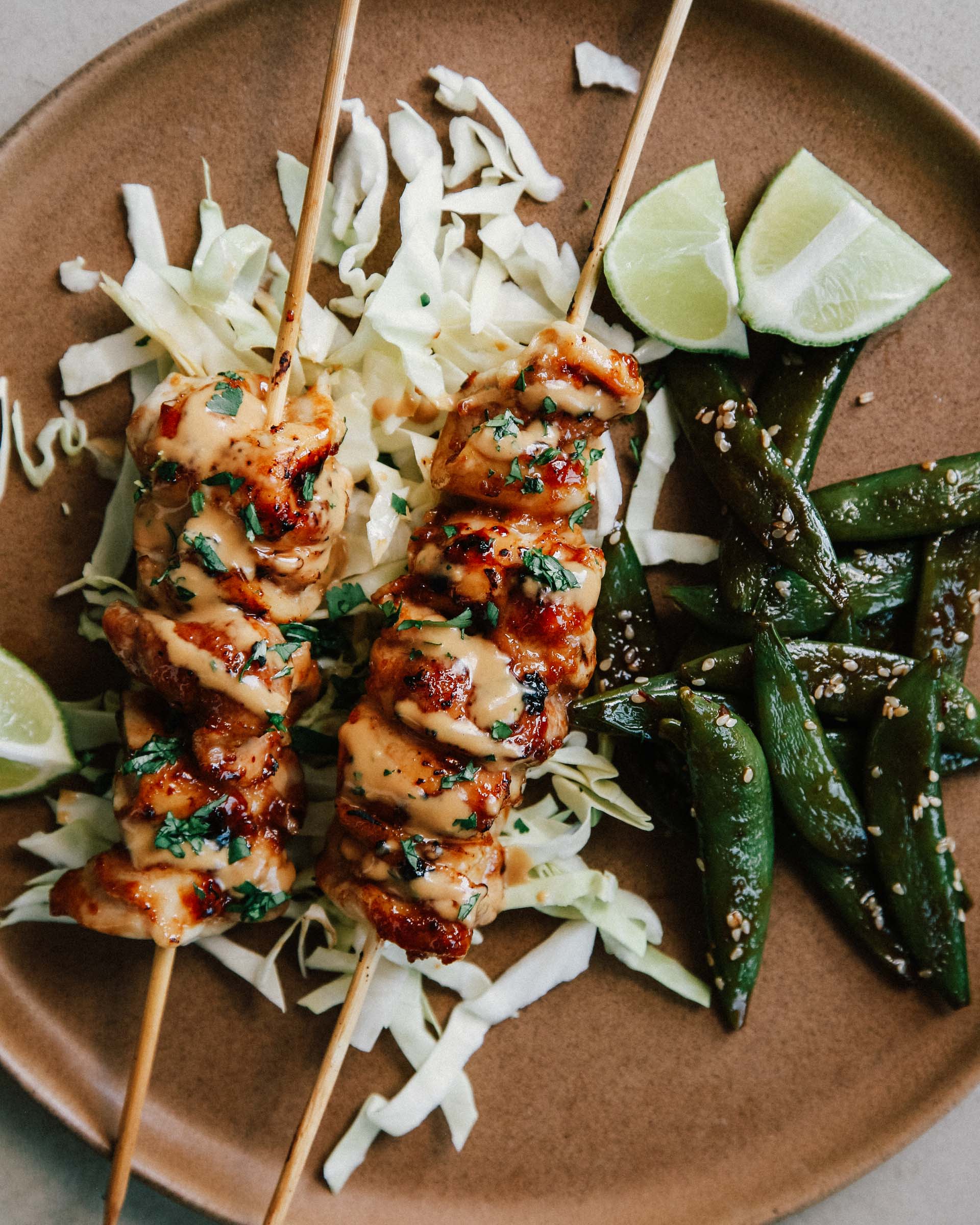 Chicken Satay w/ Ginger Almond Sauce & Charred Chili Snap Peas