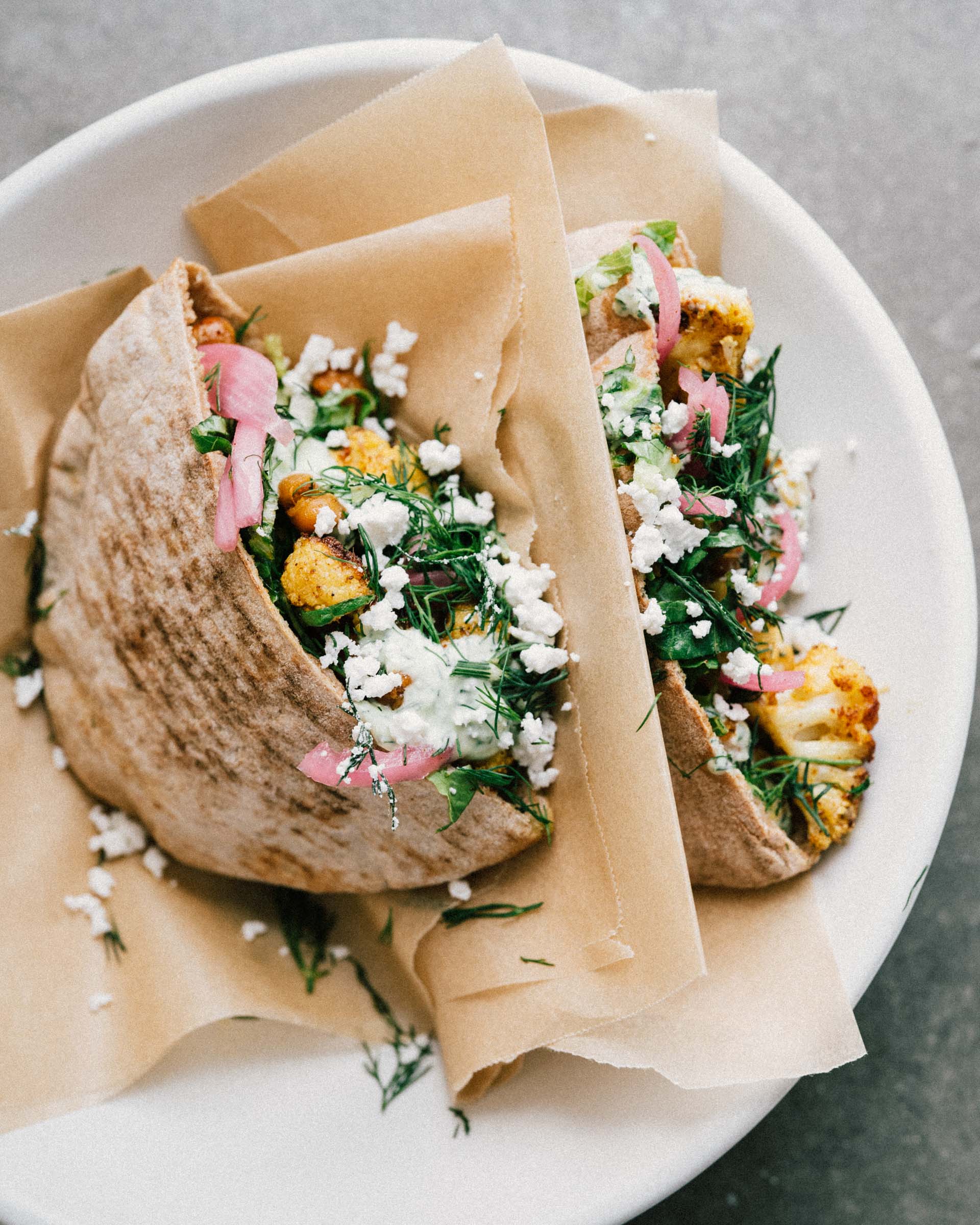 Cauliflower Pitas w/ Herby Yogurt