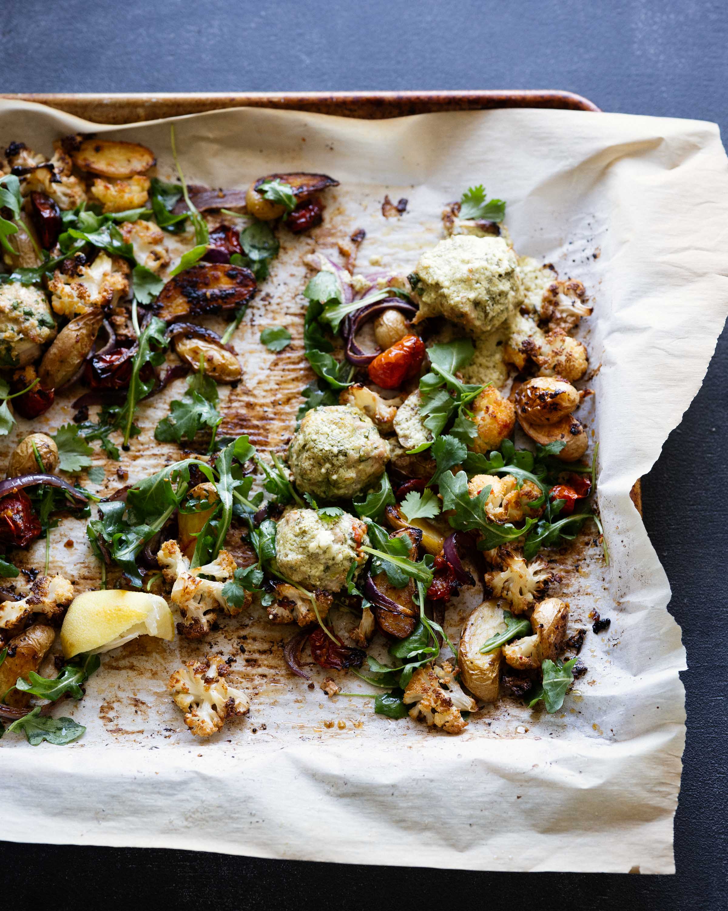 Sheet Pan Mediterranean Meatballs w/ Roasted Veg & Feta Drizzle