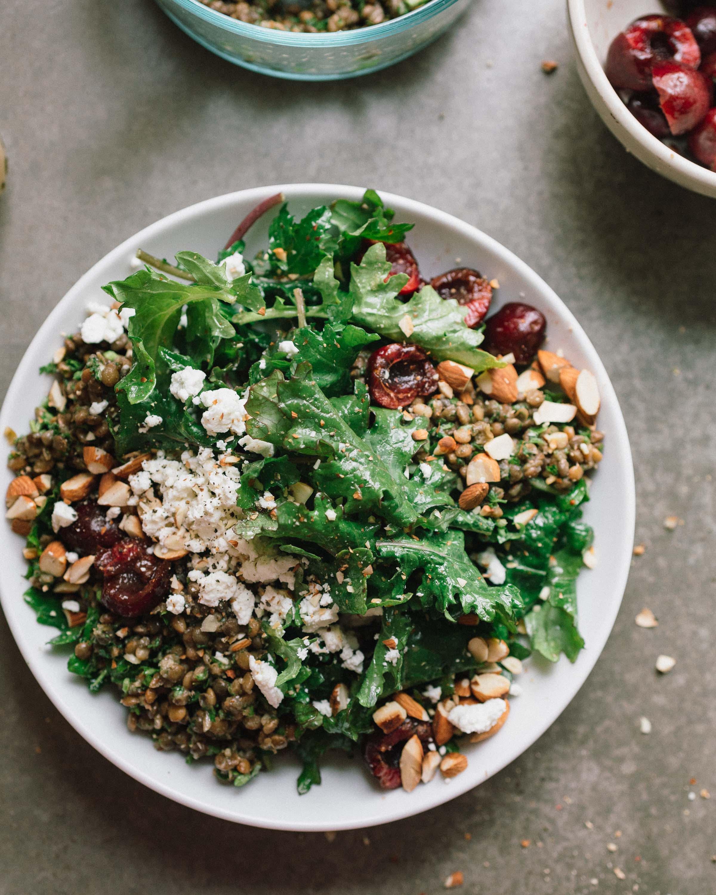 Baby Kale Salad w/ Cherries, Marinated Lentils & Goat Cheese Salads