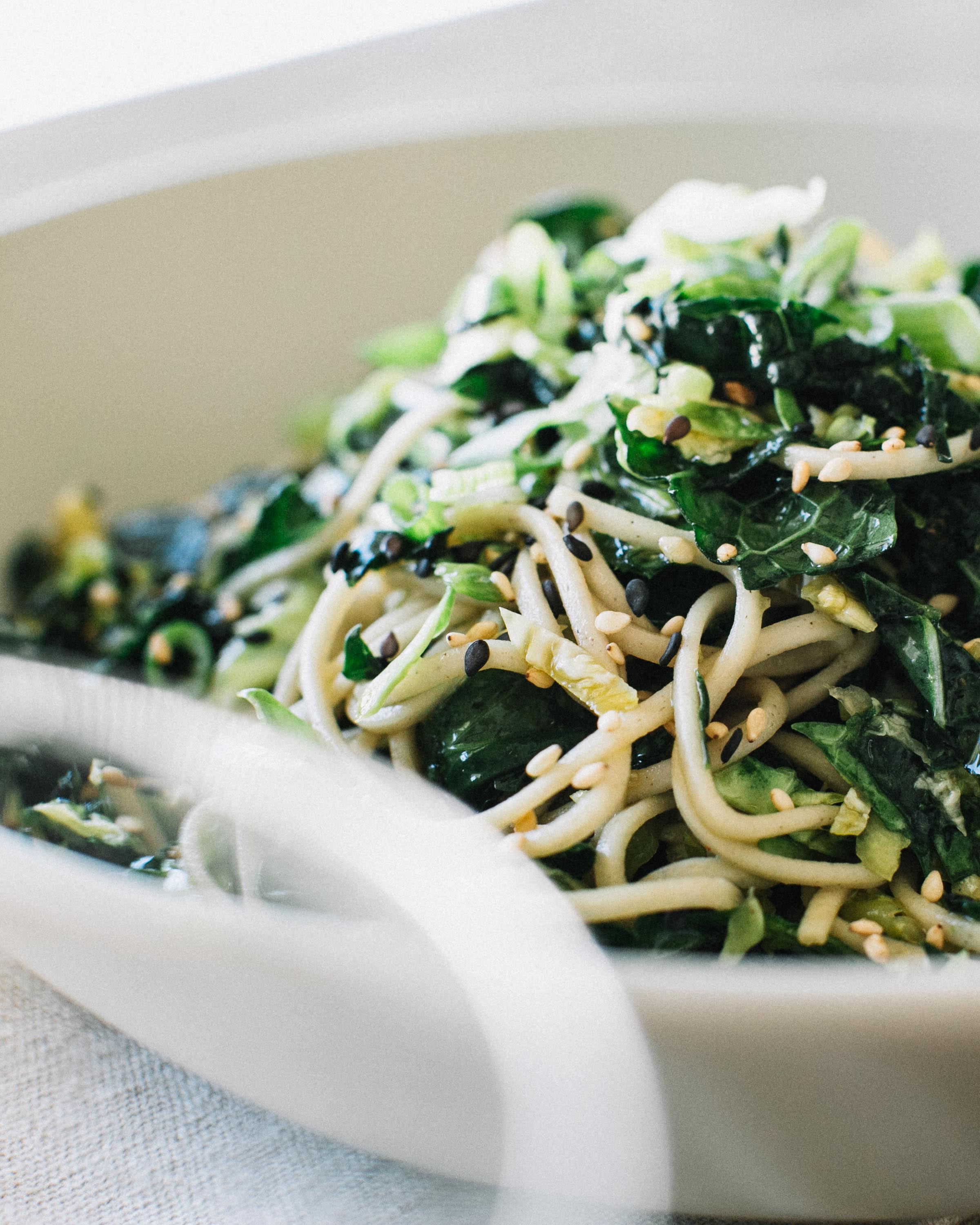 Shaved Brussels and Kale Soba Noodles with Salted Peanuts
