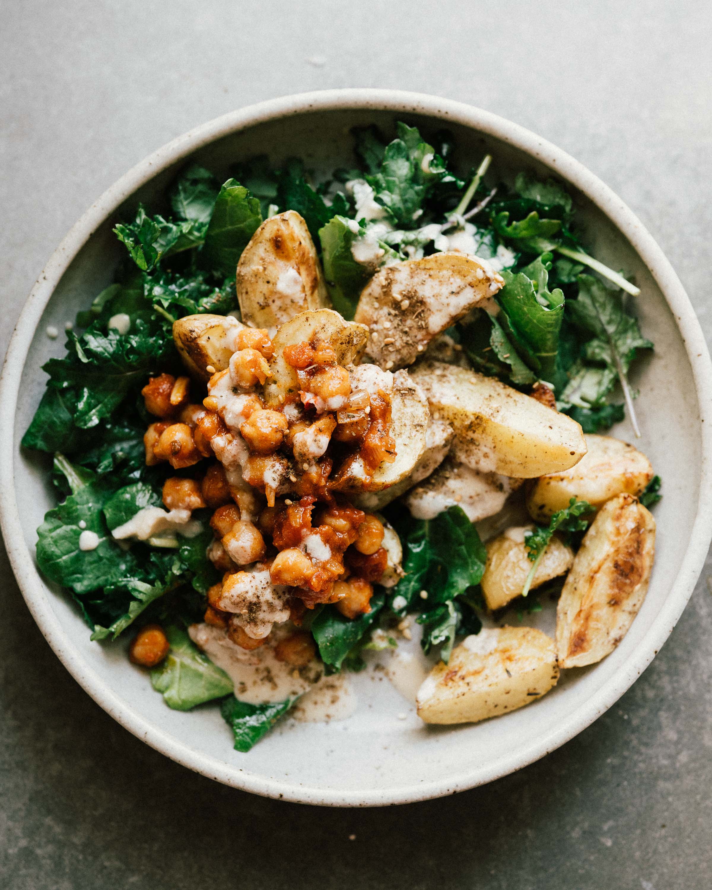 Harissa Chickpea Bowls w/ Roasted Potatoes & Mixed Greens