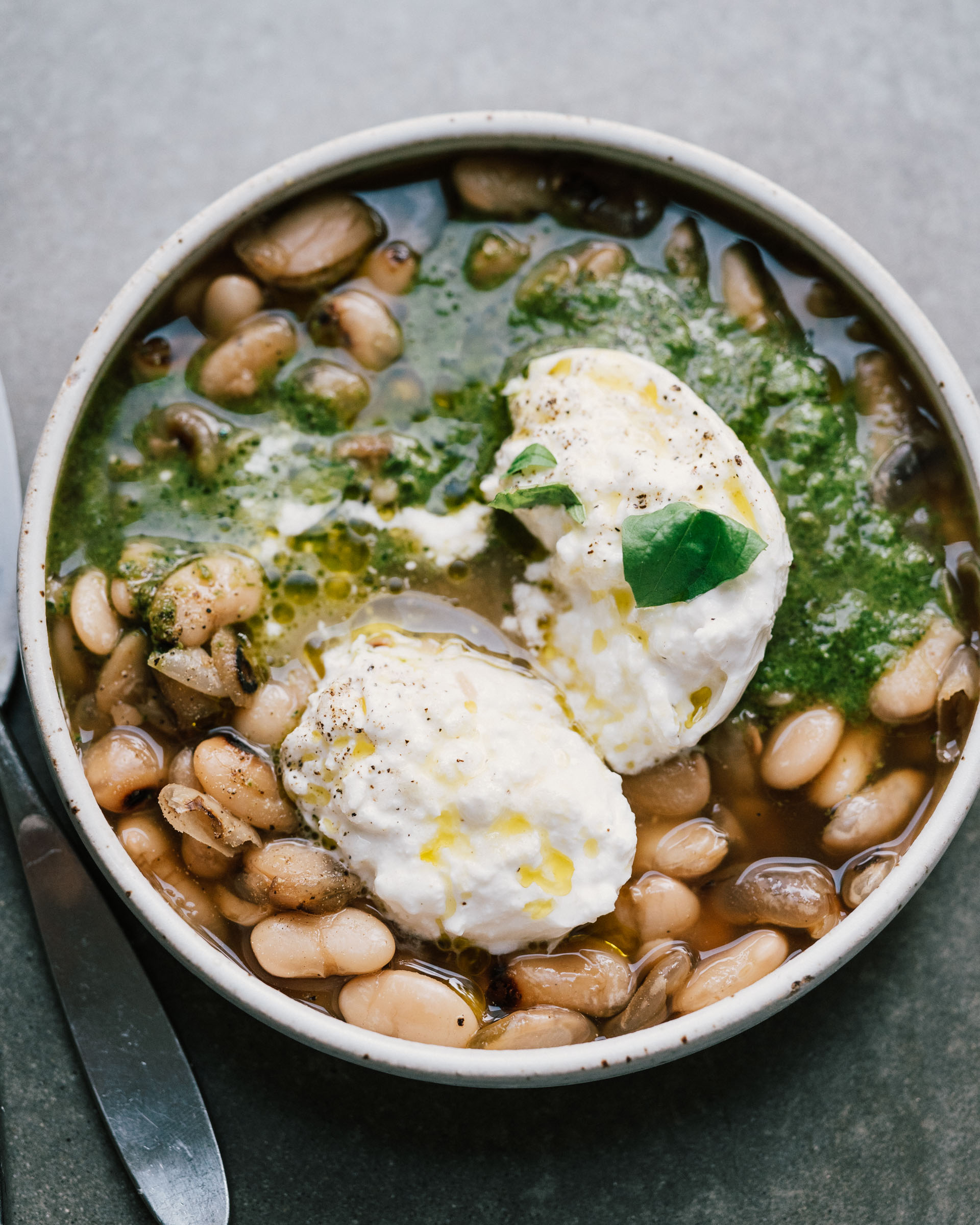 Brothy Beans w/ Burrata & Pesto