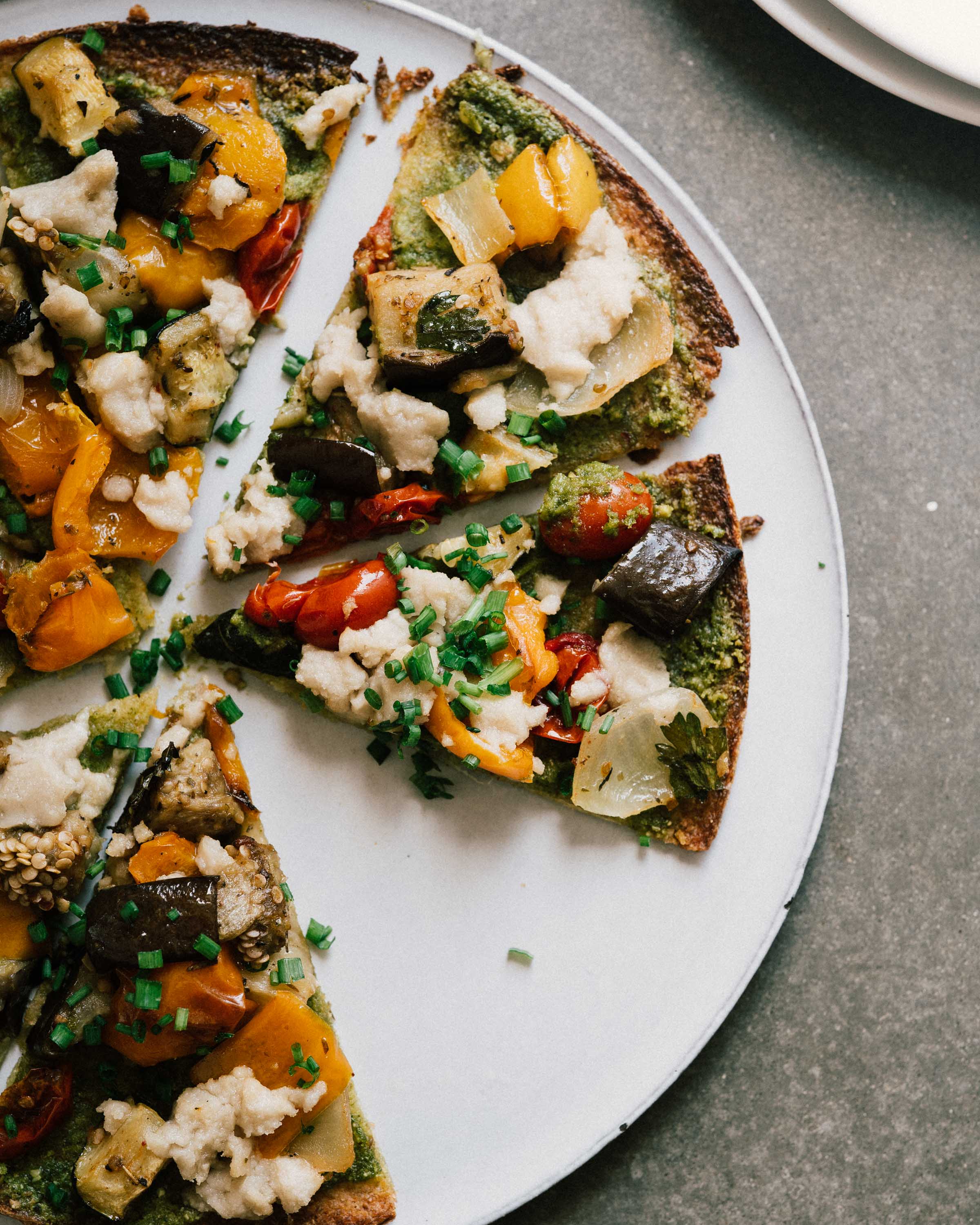Roasted Vegetable Flatbread w/ Smoked Almond Parsley Pesto